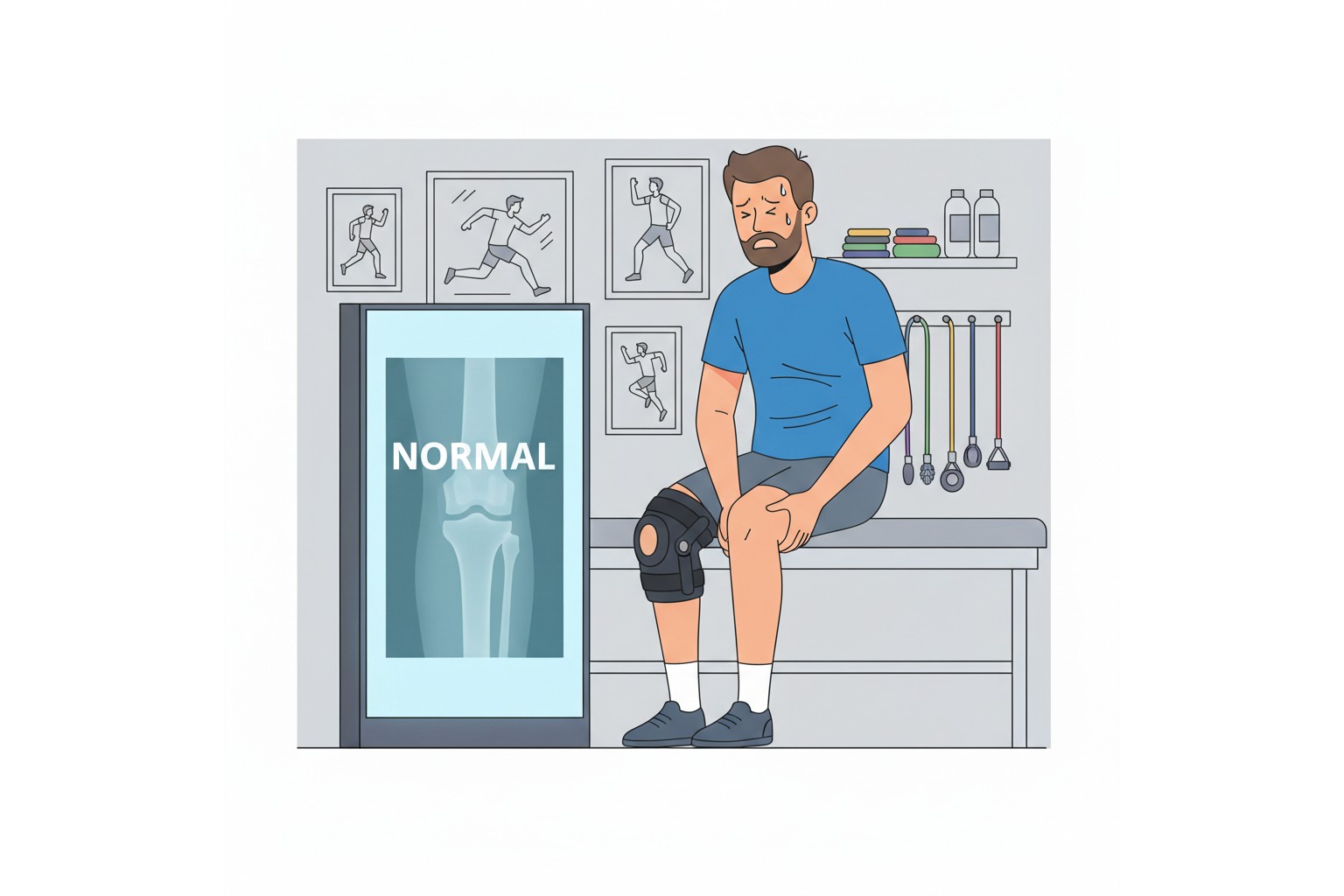 Cartoon of MRI result and patient with a sore knee
